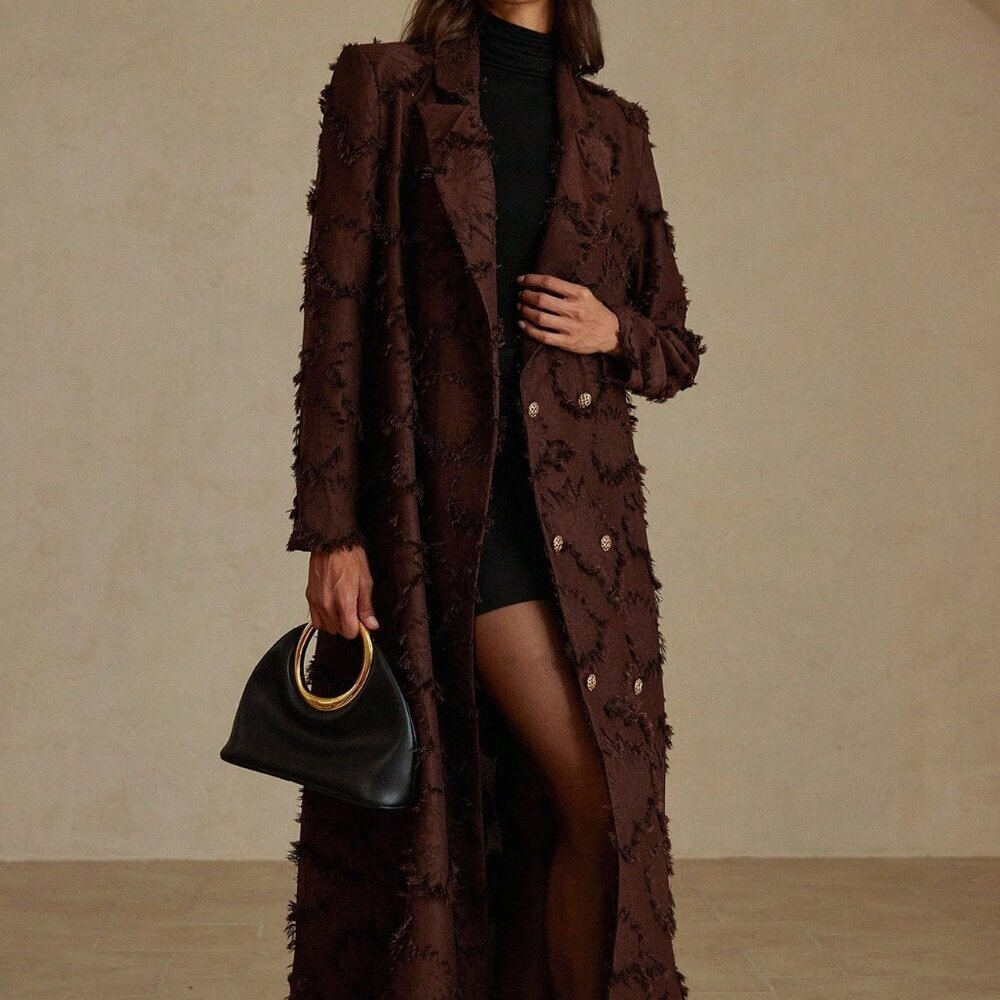 Brown Elegant Women's Loose Long Windbreaker Suit Jacket with 3D Embroidery